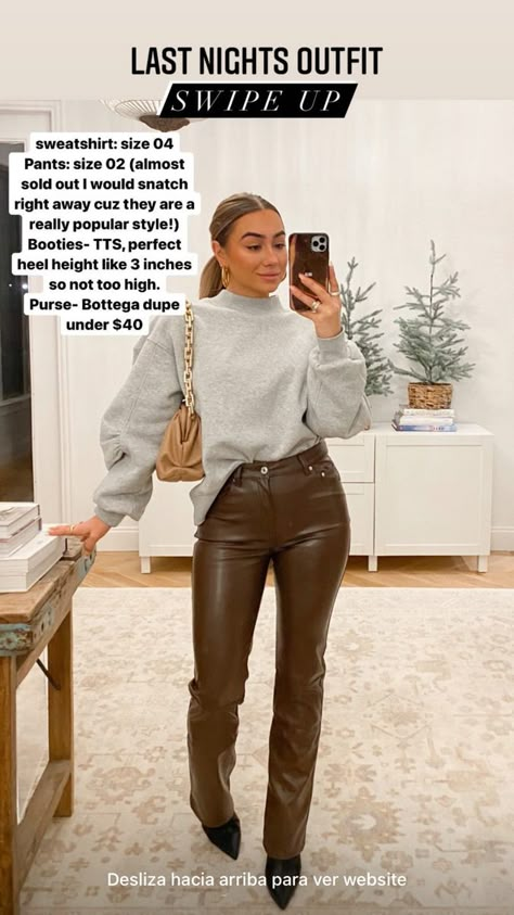 Brown Leather pants Brown Leather Pants Outfit, Leather Pants Outfit Night, Julia Havens, Leather Trousers Outfit, Brown Pants Outfit, Lederhosen Outfit, Zara Leather Pants, Pants Outfit Work, Brown Leather Pants