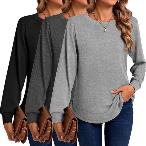 Amazon.com: Ficerd 3 Pack Women's Long Sleeve Shirts, Casual Crew Neck Tunic Tops Loose Fit Pullover Curved Hem Shirts 2024 Trendy(Medium,Black, Dark Gray, Light Gray) : Clothing, Shoes & Jewelry Cute Tunic Tops, Gray Crew Neck Blouse For Fall, Curved Hem Shirt, Ladies Shirt, Extra Long Sleeves, Comfy Tops, Loose Shirts, Womens Long Sleeve Shirts, Gray Light