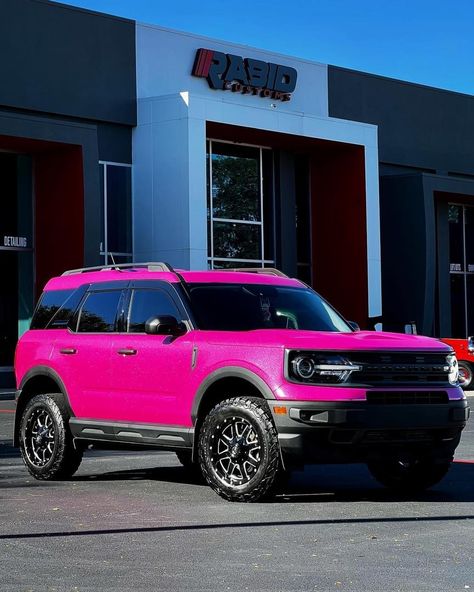 Pink Bronco Sport, Hot Pink Bronco, Pink Bronco, Pink Lifted Trucks, Pink Jeep Wrangler, Hot Pink Cars, Bronco Car, Preppy Car, Western Car