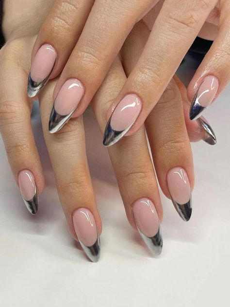 Nails With Animations, French Nail Inspo Almond, Non Traditional French Tip Nails, Nails For Drake Concert, Silver Chrome Almond Nails, French Chrome Nails Designs, French Silver Nails, Alexa Demie Nails, French Manicure Couleur