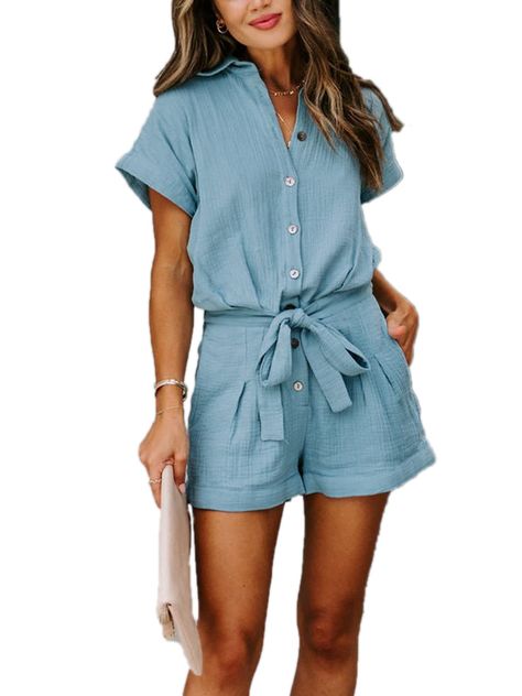 PRICES MAY VARY. Women one piece rompers feature a basic collar, short sleeves and cuffed hem.Cute rompers for women summer. Summer romper for women. Womens rompers with button down front design and pockets providing you an elegant looking. Summer rompers for women casual are made of 100% cotton fabric. Lightweight, soft and comfy. Rompers for women casual. One piece rompers for women. Rompers for women dressy. Casual playsuits rompers with removable self-tie belt at waist. Relaxed loose fitting Casual Playsuit, Solid Color Jumpsuits, Womens Summer Shorts, Casual Tunics, Short Sleeve Jumpsuits, Short Sleeve Romper, Belted Shorts, Playsuit Romper, Cute Rompers