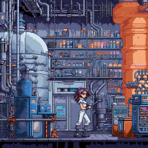 mad scientist girl, cyborg, sci-fi laboratory in background, 16 bit, clean pixel art, sega dreamcast game Laboratory Pixel Art, Pixel Art Sci Fi, Sci Fi Laboratory, Sega Dreamcast, Pixel Art Games, 16 Bit, Game Background, Mad Scientist, 2d Art