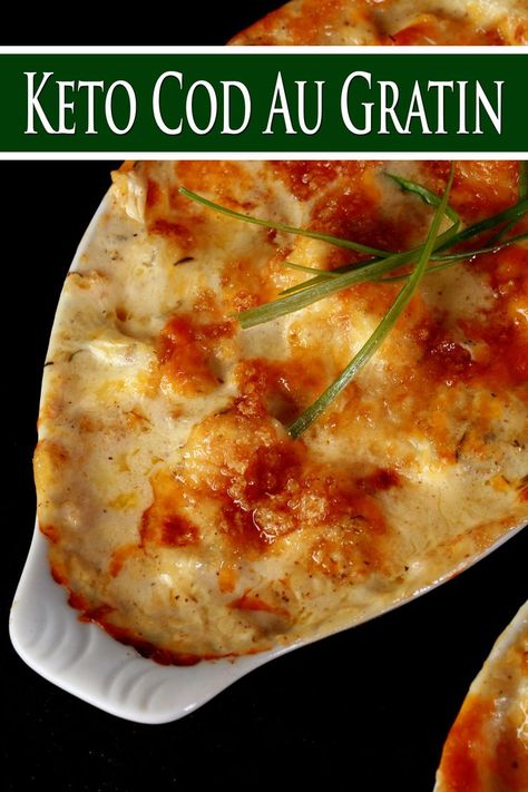 2 ramekins of keto cod au gratin - cod chunks in a cheesy white sauce, topped with cheese and pork rind crumbs. Cod Au Gratin Newfoundland, Recipe Gluten Free, Low Carb Gluten Free, Newfoundland, Low Carb, Gluten Free, Low Carb Recipes