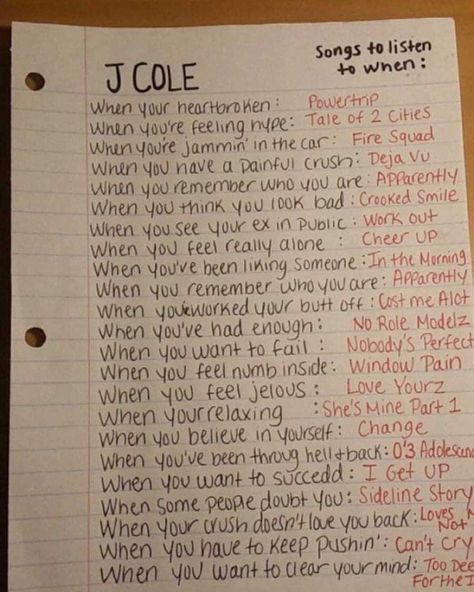 I found this on Facebook of all places, and needed to share it. J Cole Songs, Songs To Listen To When, Rap Music Playlist, Positive Songs, Summer Songs Playlist, Rap Playlist, Chill Songs, Playlist Names Ideas, Therapy Playlist