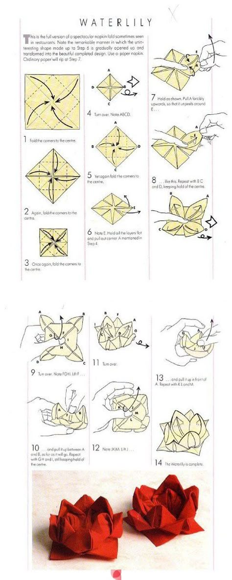 ORIGAMI WATER LILY Repiny - Most inspiring pictures and photos! Origami Water Lily, Diy Napkin Folding, Folding Techniques, Diy Napkins, Folding Origami, Napkin Folding, Origami Flowers, Paper Folding, Table Napkins