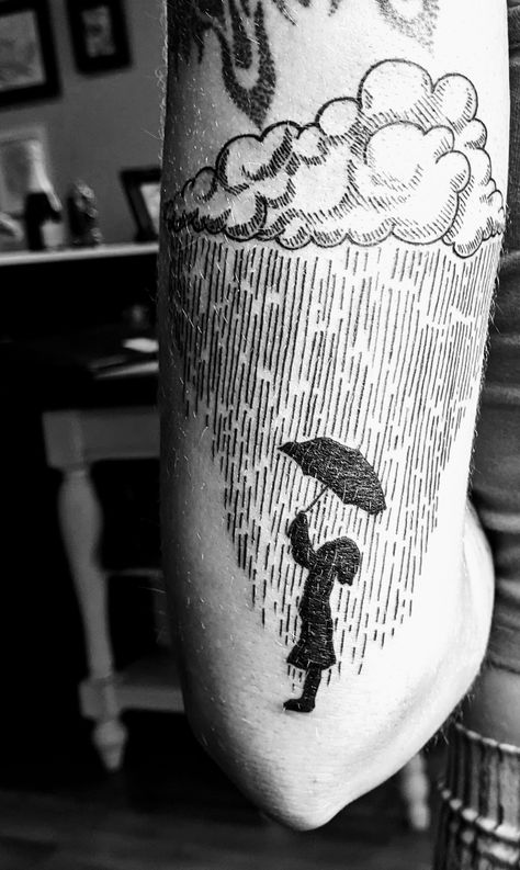 Couture, Standing In The Rain Tattoo, Black Umbrella Tattoo, Rain Tattoo Sleeve, Umbrella Storm Tattoo, Cloudy Tattoo Ideas, When It Rains It Pours Tattoo, Rain Clouds Tattoo, Raining Cloud Tattoo