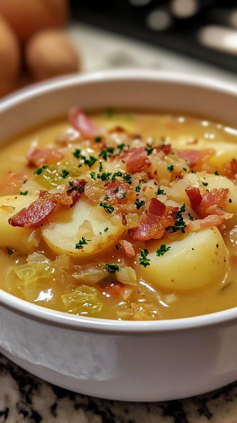 Irish Bacon Cabbage and Potato Soup Cabbage And Potato Soup, Irish Soup, Bacon Cabbage, Cabbage Potato Soup, Irish Potato Soup, Irish Bacon, Potato Bacon Soup, Cabbage And Potatoes, Irish Cuisine