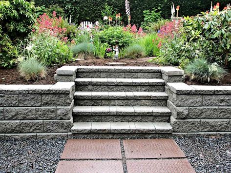 Wooden Retaining Wall, Retaining Wall Steps, Retaining Wall Ideas, Diy Retaining Wall, Backyard Retaining Walls, Retaining Wall Blocks, Building A Retaining Wall, Garden Blocks, Concrete Retaining Walls