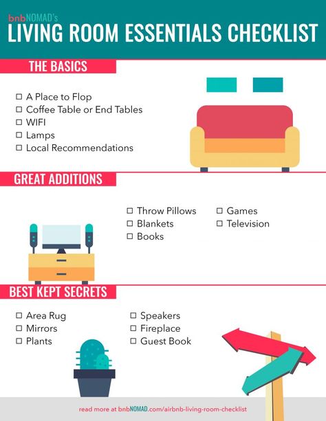 The Airbnb Host's Living Room Essentials Checklist – bnbNomad Living Room Checklist, Room Essentials List, Airbnb Tips, New Home Essentials, Airbnb Business, Airbnb Hosting, Room Checklist, Home Checklist, New Home Checklist