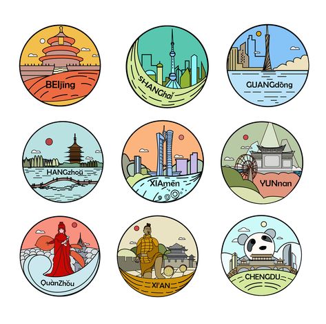 the icon is the city of china, did u known where they a on Behance 심플한 그림, China City, City Icon, Travel Icon, City Illustration, Travel Stickers, Mini Drawings, Bullet Journal Ideas Pages, Journal Stickers