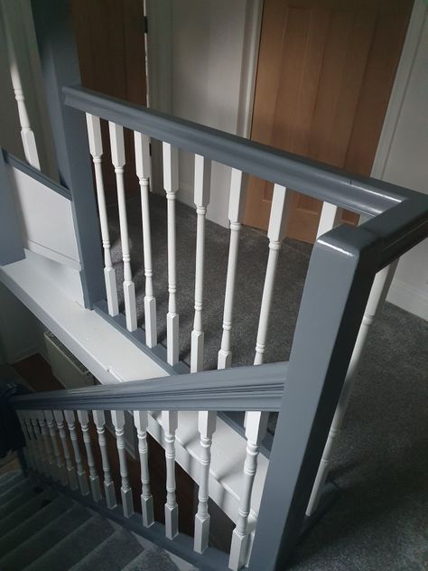 Grey White Staircase, White And Grey Bannister, Grey Banisters And Railings, Grey And White Painted Stairs, Staircase Grey And White, Grey And White Stairs And Landing, Coloured Banisters Stairways, Gray And White Staircase, Grey And White Bannister