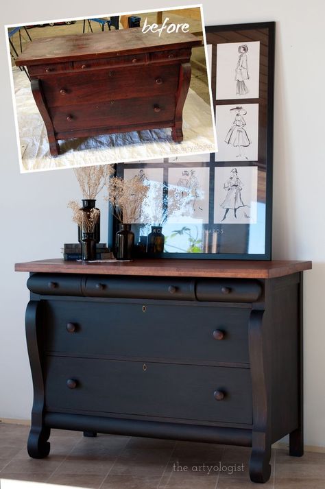 An antique empire style dresser restored with black paint. Empire Dressers, Empire Dresser Makeover, Dresser Restoration, Dresser Update, Dresser Transformation, Restored Dresser, Empire Dresser, Corinthian Capital, Paint Dresser