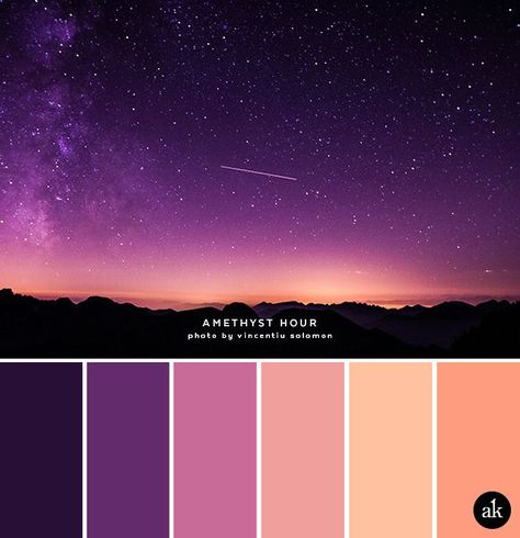 Color Inspiration A night-sky-inspired color palette Unexpected Color Palettes, Gem Color Palette, Colors That Go With Black, Ethereal Color Palette, Large Color Palette, Whimsical Color Palette, Color Scenes, Wedding Schemes, Learning Painting