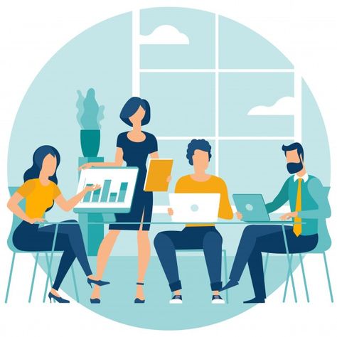 Shared working environment illustration. | Premium Vector #Freepik #vector #business #people #design #technology Environment Illustration, Leadership Workshop, Coworking Office, Flat Design Illustration, Working Space, Office Workspace, Coworking Space, Messaging App, Content Ideas