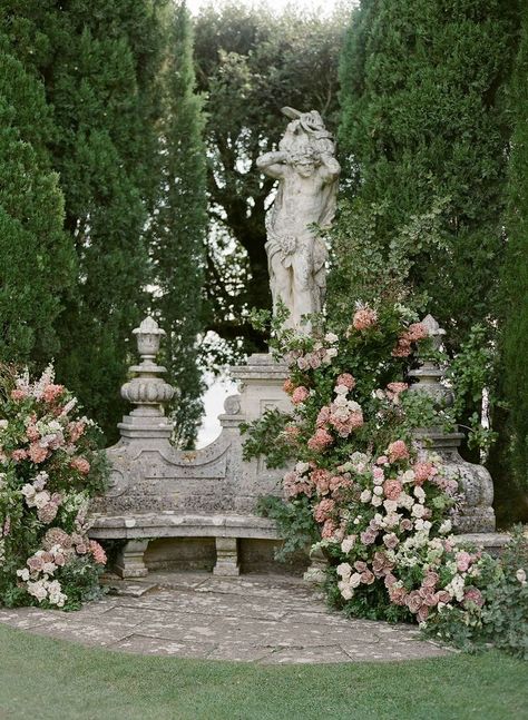 Trees, Statue, Surrounded By Flowers, British Garden, A Park, In The Middle, The Middle, Garden Sculpture, Bench