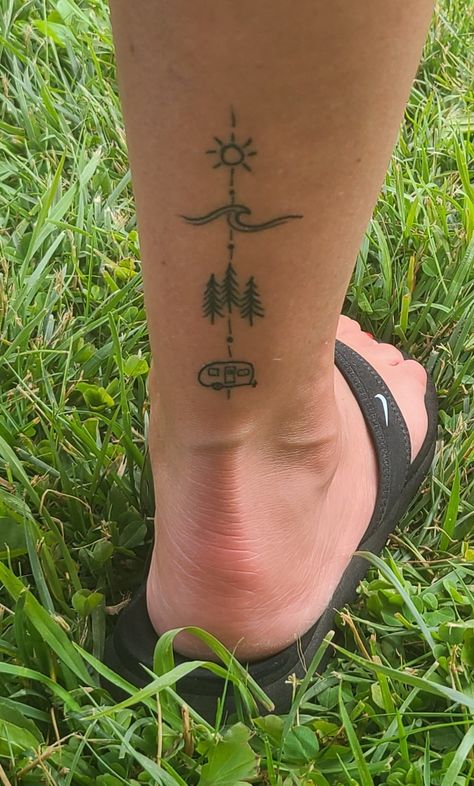 Sun And Trees Tattoo, Caravan Tattoo Ideas, Lake Tattoo Ideas Simple, Small Camper Tattoo, Camping Theme Tattoo, Sun Tree Tattoo, Camper Tattoo Ideas, Camper Tattoos, Camping Tattoo For Women