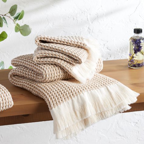 Sand and Ivory Waffle Weave Cotton Towel Collection - World Market Terracotta Walls, Waffle Towels, Bathroom Towel Decor, Sugar Shack, Towel Decor, Linen Bath Towels, Hand Towels Bathroom, Cotton Hand Towels, Decorative Towels