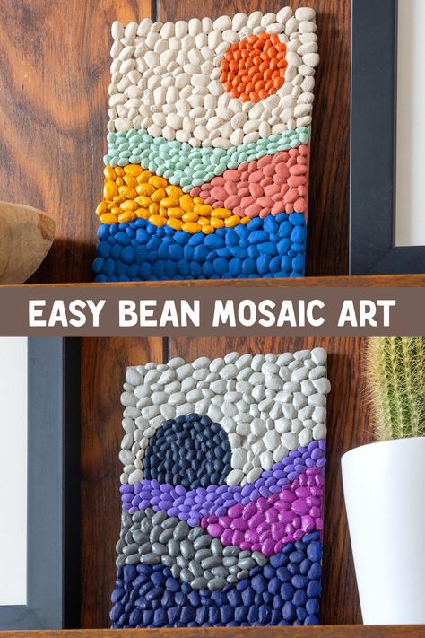 Seed Art Mosaic, Beans Art Projects, Beans Mosaic Art, Arts And Crafts For Seniors Activities, Craft For School Age Kids, School Age Art Projects, Art Projects For All Ages, Bean Mosaic Art For Kids, Bean Art Mosaic