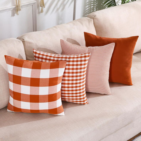 CARRIE HOME Burnt Orange Fall Plaid Throw Pillow Covers 18x18 Set of 4 Buffalo Plaid Fall Decor Autumn Outdoor Decorative Pillows for Porch Garden Office and Living Room #affiliatelink Plaid Fall Decor, Buffalo Plaid Fall Decor, Green Plaid Pillows, Plaid Throw Pillow, Plaid Pillow Covers, Plaid Throw Pillows, Buffalo Plaid Pattern, Fall Pillow Cover, Plaid Pillow