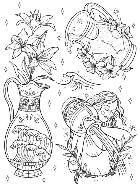 Aquarius Witch Tattoo, Aquarius Astrology Tattoo, Aquarius Flash Tattoo, Aquarius Drawing Zodiac Art, Aquarius Coloring Pages, Astrology Coloring Pages, Cat Kingston, Kingston Tattoo, Hippie Coloring Pages