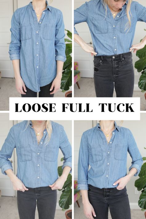 How to Tuck in A Shirt - 4 Easy Ways - Paisley + Sparrow How To Tuck In Denim Shirt Women, Button Shirt Tucking Hacks, Tucked Button Up Shirt Outfit, How To Tick In Shirt, How To Tuck A Flannel Shirt, Tucking Button Up Shirt, How To Tuck A Long Shirt, Best Way To Tuck In Shirt Women, How To Wear Long Sleeve Button Up Shirts