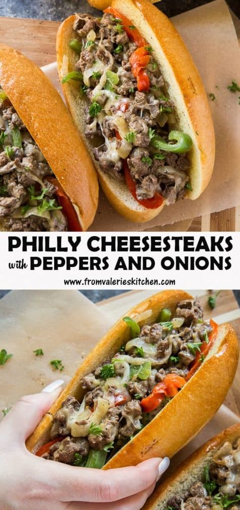 Philly Cheesesteak Recipe with Peppers and Onions | Valerie's Kitchen Steak Sandwich Recipes Philly Cheese, Steak Peppers And Onions Sandwich, Philly Cheese Steak Subs, Steak And Pepper Sandwiches, Easy Cheesesteak Recipe, Steak Subs Recipes Philly Cheese, Philly Cheese Steak Recipe Ideas, Hoagie Recipes, Peppers And Onions Recipes