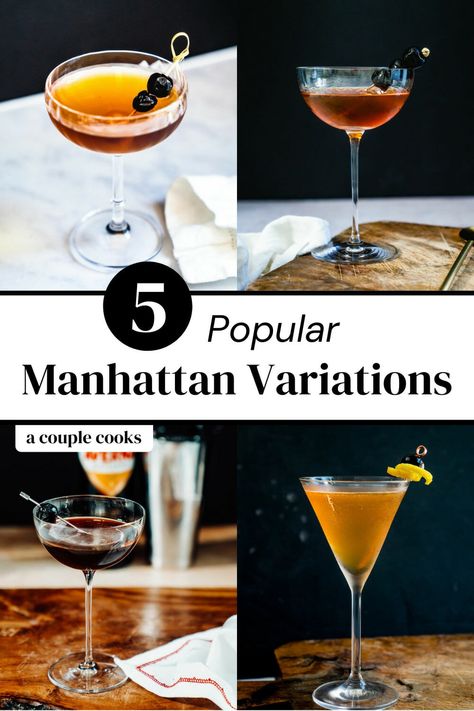 Here are the most popular Manhattan variations! Try them all, swapping out the rye whiskey for bourbon, Scotch, brandy and more. #manhattan #manhattanvariations #brooklyn #blackmanhattan #robroy #bourbonmanhattan Brandy Manhattan Recipe, Perfect Manhattan Cocktail, Manhattan Drink, Manhattan Recipe, Cold Dip Recipes, Best Fish Recipes, Dip Recipes Appetizers, Winter Salad Recipes, Sweet Bourbon