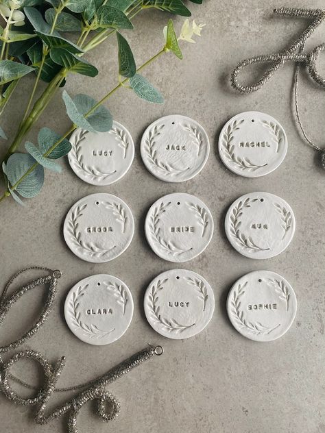 Handmade Personalised Clay Wedding Name Tag - Etsy UK Wedding Name Tags, K Crafts, Xmas Baubles, Wedding Name Cards, Name Place Cards, Wedding Name, Scented Oils, Wedding Place, Wreath Designs