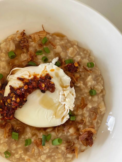 Savoury Oatmeal, Chilli Crisp, Chinese Breakfast, Oatmeal Toppings, Savory Oatmeal, Fried Shallots, Poached Egg, Green Onion, Poached Eggs