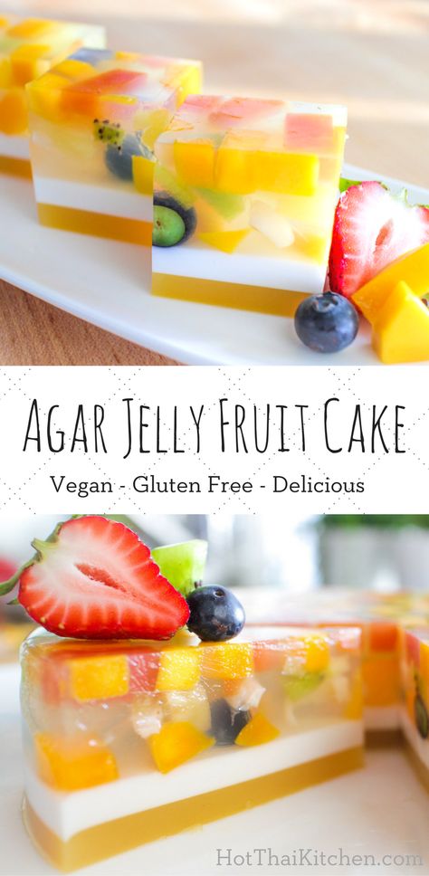 Agar Jelly Fruit Cake Recipe เค้กวุ้นผลไม้ - Hot Thai Kitchen! - This ain't your mama's "fruit cake"! This light and refreshing beauty is an absolute showstopper, and nothing says "summer treats" more than these gorgeous cubes of fruit-embedded jelly. The coconut layer adds an extra tropical flare! The fruit combination I used: mango, papaya, pineapple, lychee, kiwi and blueberries, is a winning combination, but you can really be creative with it. You can have colour themes for your cake too! Jelly Fruit Cake, Winter Bakes, Kuih Lapis, Jelly Fruit, Patisserie Vegan, Agar Jelly, Healthy Fruit Desserts, Korean Dessert, Jelly Desserts