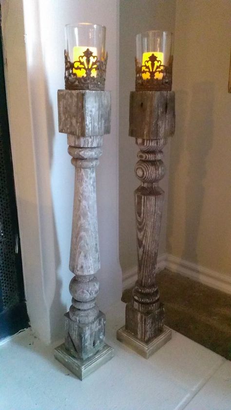 Spindle Candlesticks, Shabby Chic Candlesticks, Farmhouse Staircase, Spindle Crafts, Shabby Chic Candle, Cocina Shabby Chic, Chic Candles, Porch Posts, Newel Posts