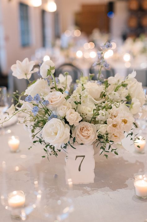 Timeless Wedding Floral Arrangements, White Rose Hydrangea Centerpiece, Delicate Wedding Flowers, Ice Blue Wedding Centerpieces, White And Cream Floral Arrangements, White And Light Blue Centerpiece, Tall Tables Wedding, Blue Candle Wedding Centerpieces, Hydrangea Centerpiece Diy Wedding