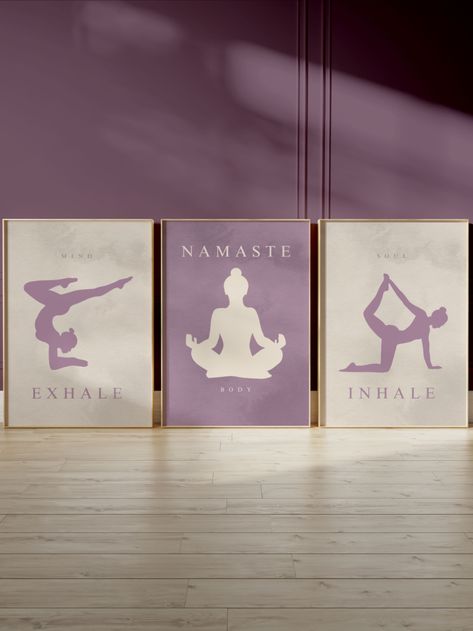 Elevate Your Space with Peaceful Serenity: Yoga Wall Art in Pastel Purple Create an atmosphere of tranquility and mindfulness in your home with our exquisite Yoga Wall Art in Pastel Purple. This set includes three captivating pieces: an "Inhale Poster," an "Exhale Print," and "Namaste Prints." Whether you're a dedicated yogi or simply seeking a peaceful retreat within your surroundings, these prints are thoughtfully designed to bring balance and mindfulness to your life. Meditation Wall Art, Purple Yoga, Yoga Wall Art, Wellness Studio, Hospital Interior, Yoga Wall, Aerial Silks, Yoga Room, Yoga Set