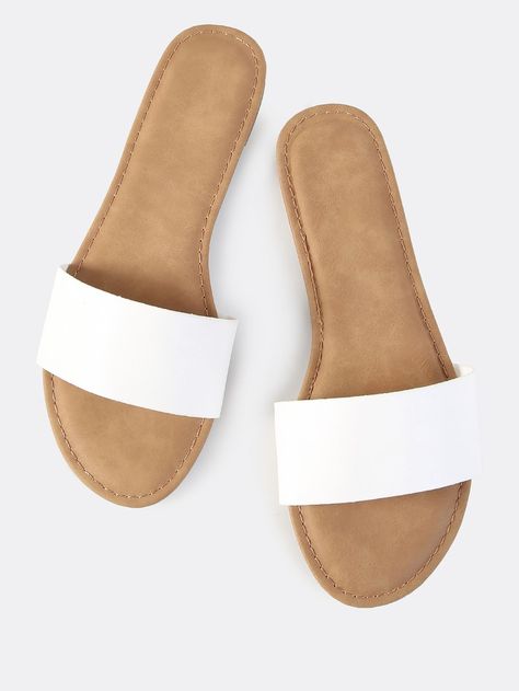 Shop Faux Leather Slip On Sandals WHITE online. SheIn offers Faux Leather Slip On Sandals WHITE & more to fit your fashionable needs. Heel Sandals Outfit, Price Shoes, Toe Post Sandals, Sandals Outfit, Shoes Buy, Fashion Slippers, Studded Heels, Sandals White, Shoes Flats Sandals