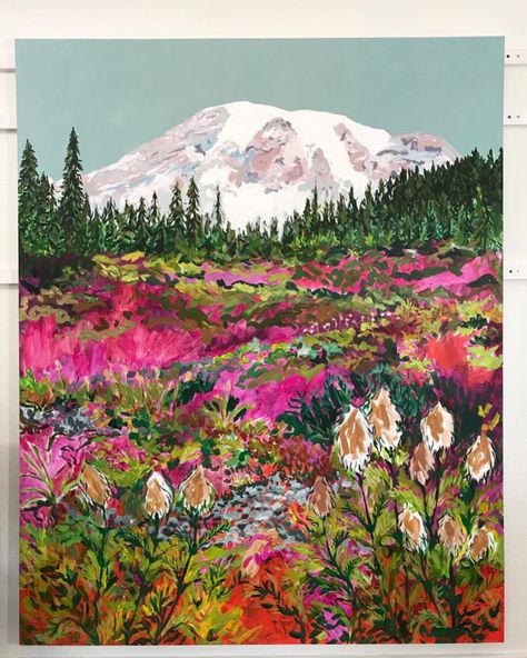 Anisa Asakawa on Instagram: “Reworking this painting and I’m SO excited about its direction🌈. Loving these giant western pasqueflowers that grow on Mt. Rainier. They’re…” Northwest Landscaping, Whimsical Animals, Moomin Valley, Co Working Space, Mt Rainier, Artwork Gifts, Fine Art Landscape, Water Colors, Annie Sloan