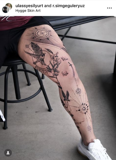 Couple Leg Tattoos, New Age Tattoo, Tattoo Perna, Couple Tattoos Unique Meaningful, Leg Tattoo Ideas, Best Leg Tattoos, Full Leg Tattoos, Uv Tattoo, Simple Tattoos For Guys