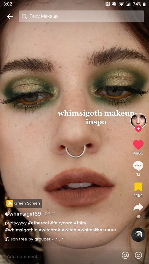 Goblincore Eye Makeup, Whimsigothic Painting, Lord Of The Rings Makeup Looks, Fae Aesthetic Eye Makeup, Green Prom Eyeshadow, Fairy Inspired Makeup Simple, Frog Makeup Aesthetic, Cottagecore Eye Makeup, Gremlin Core Makeup