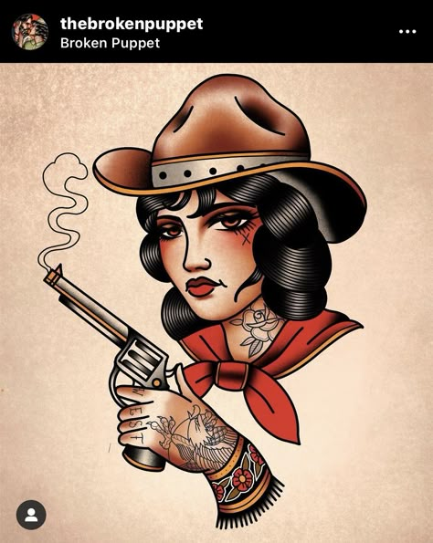 Neotraditional Cowgirl Tattoo, Traditional Cowgirl Tattoo Flash, Old School Cowgirl Tattoo, Traditional Gunslinger Tattoo, Neo Traditional Cowgirl Tattoo, Western Cowgirl Tattoo, Traditional Tattoo Cowgirl, American Traditional Girl Tattoo, Traditional Female Tattoo