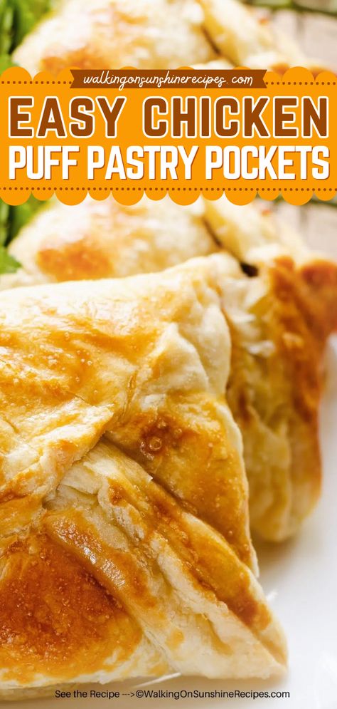 No one would guess this is a quick and easy chicken dinner! Baked with a savory filling of shredded chicken, cream cheese, mozzarella, and bacon, these puff pastry pockets are so delicious. Give this family dinner idea a try! Essen, Puff Pastry Rotisserie Chicken, Puff Pastry Freezer Meals, Recipe Using Puff Pastry Sheet, Dinner Puff Pastry Recipes, Chicken In A Pastry, Puffed Pastry Dinner Recipes, Chicken In Pastry Recipes, Chicken Stuffed Puff Pastry