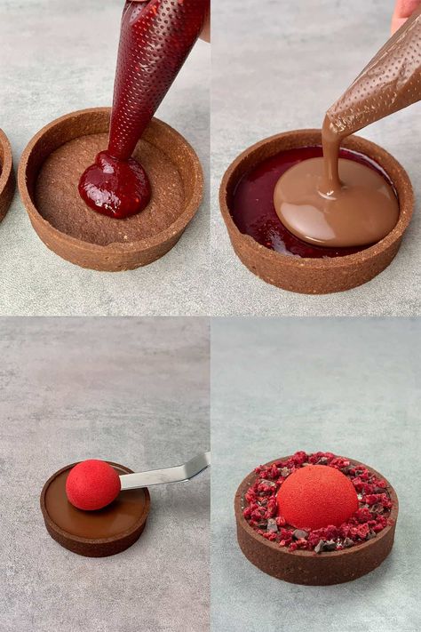 Holiday Plated Desserts, Chocolate Tart Decoration Ideas, Profiteroles Plating, Tartlets Decoration, Gourmet Pastry Recipes, Tarte Ideas, Cute Tarts, Plated Desserts Ideas Presentation, Monoportion Dessert