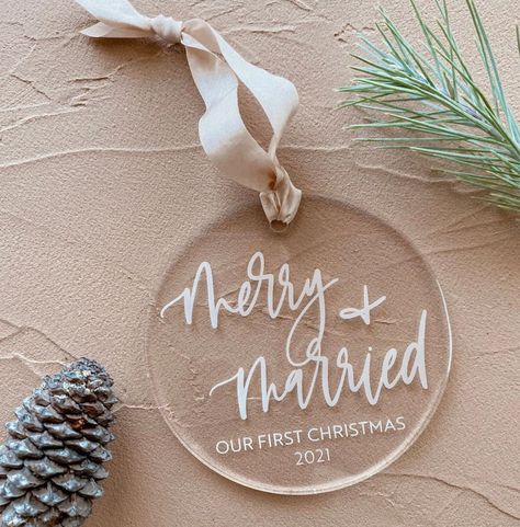 Our First Christmas Ornaments: Favorite 2021 Wedding Ornaments for Newlyweds Acrylic Calligraphy, Our First Christmas Ornament, Married Ornament, Wedding Ornament, Our First Christmas, Client Gifts, Christmas Accessories, First Christmas Ornament, Traditional Christmas