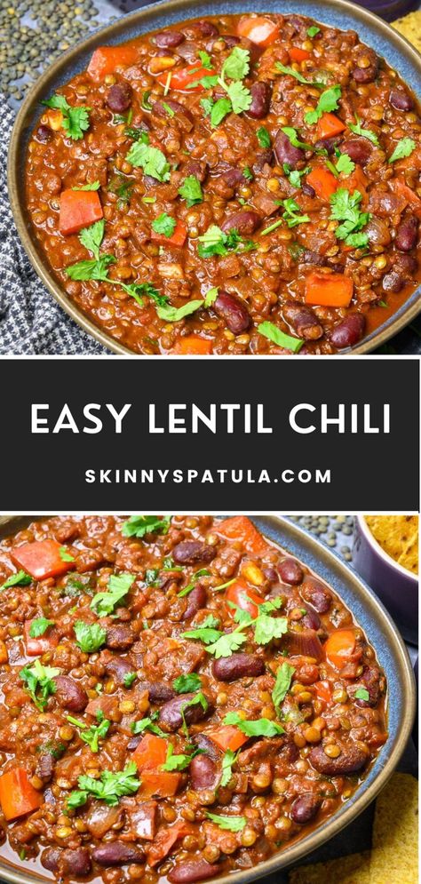 Easy Lentil Chili Lentil Chilli Vegan, Lentil Chilli Recipes, Lentil Food Ideas, Essen, Vegan Chili With Lentils, Vegan Chili Lentil, Red Lentil Chili Vegan, Beef And Lentil Chili, Recipe For Lentils