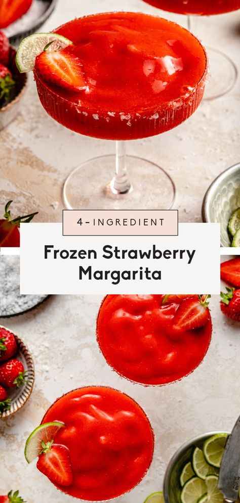 Gorgeous frozen strawberry margarita made with 4 simple ingredients for a fun, refreshing summer cocktail! This easy frozen strawberry margarita recipe takes just 5 minutes to make and is perfect for parties, BBQs, date nights and girls' nights. Double or triple to serve a crowd! #margarita #frozenmargarita #cocktail #strawberry #happyhour Margarita Simple Syrup, Fresh Strawberry Margarita, Frozen Strawberry Margarita Recipe, Sugar Free Margarita, Cocktail Strawberry, Boozy Recipes, Frozen Strawberry Margarita, Healthy Cocktail Recipes, Strawberry Margarita Recipe