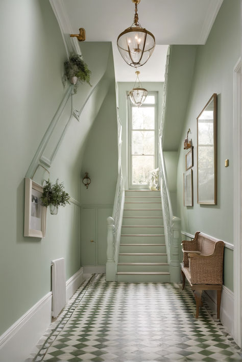 Explore the ultimate paint finish options for your 2024 hallway makeover! 🎨✨ Discover #HallwayDecor, #ad Light Green Kitchen Walls Green Room Colors Bright Room Colors Home Renovation Home Renovation Home Remodeling Modern Paint Colors Stairwell Paint Colors Stairways, Light Green Entryway, Moss Green Hallway, Green And Pink Hallway, Light Hallway Paint Colors, Colour Drenched Hallway, Colourful Corridor, Sage Green Hallway Ideas, Light Green Hallway