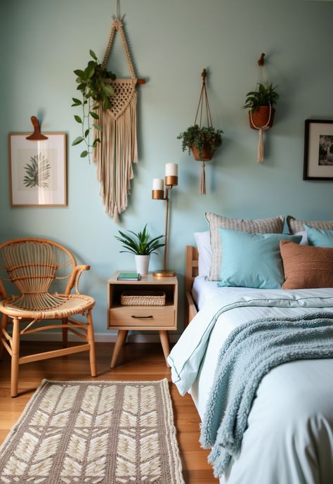 Light Blue Boho Bedroom Light And Airy Bedroom With Pops Of Color, Decorating A Blue Bedroom, Boho Bedroom Blue Walls, Blue And White Boho Bedroom, Teal Bedroom Aesthetic, Accent Wall Boho Bedroom, Light Blue Wall Bedroom Ideas, Light Bedroom Colors, Dusty Blue Bedroom Ideas