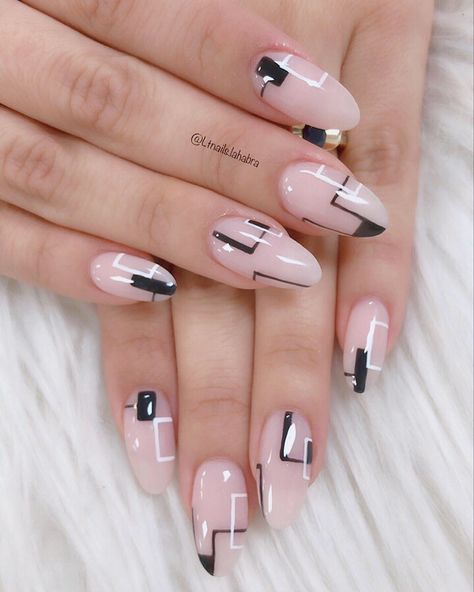 Geometric Art Nails, Tuxedo Nails, Oval Nails Designs, Natural Nail Designs, Art Deco Nails, Geometric Nail Art, Romantic Nails, Classy Nail Designs, Geometric Nail