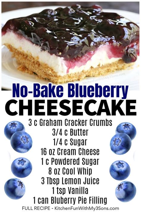 Blueberry Cream Cheesecake, 9x13 No Bake Cheesecake, Blueberry Filling Desserts, Blueberry Pie Filling Recipes Easy, Blueberry Desserts Cream Cheese, Blueberry Graham Cracker Dessert, Cream Cheese Blueberry Pie, Blueberry Cheesecake Recipes Easy, Blueberry Pie Filling Desserts