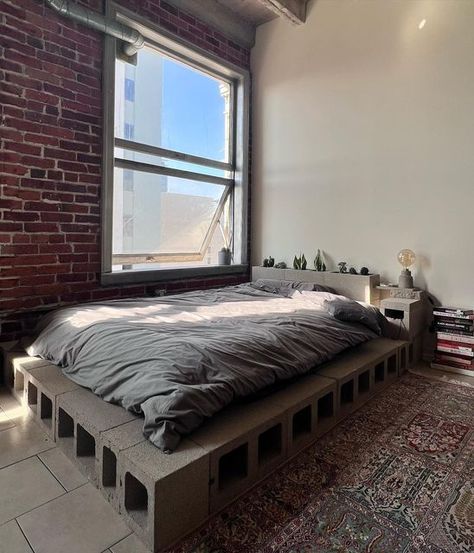 Modern Rustic Bedroom, Small Room Interior, Modern Rustic Bedrooms, Mens Bedroom Decor, Farmhouse Room, Brick Decor, Bedroom Cozy, Bed Frame Design, Small Apartment Design