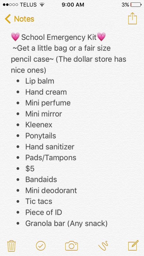 Locker Middle School Ideas, Things For High School Supplies, Freshman Checklist High School, Things To Put In A Emergency Kit For School, Mini Bag For School, School Care Bag, School Routines For High School, Locker Organization Middle School, High School Kit