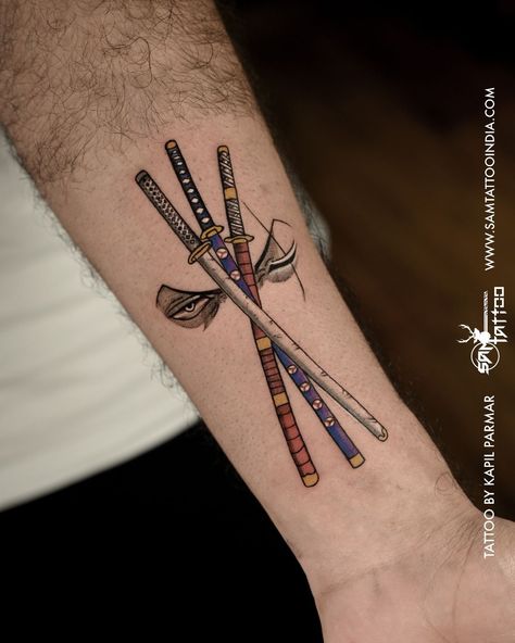 Zoro Swords Tattoo, Roronoa Zoro Tattoo Design, Zoro Tattoo Design, Zoro Tattoo Ideas, Roronoa Zoro Tattoo, Zoro One Piece Tattoo, One Piece Anime Tattoo, Zoro Tattoo, Feather Tattoo Meaning